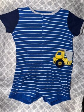 Blue Striped Baby Romper with Yellow Dump Truck Applique